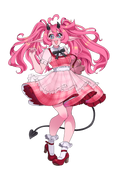 An anime-style illustration of a pink-haired female character with horns, a devil tail, and a pink-and-white dress, shown on a plain white background.