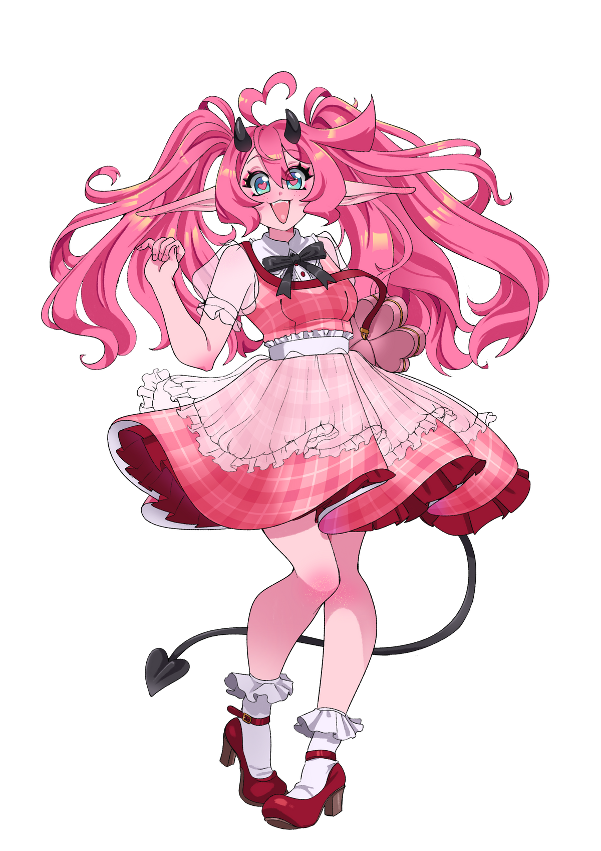 An anime-style illustration of a pink-haired female character with horns, a devil tail, and a pink-and-white dress, shown on a plain white background.